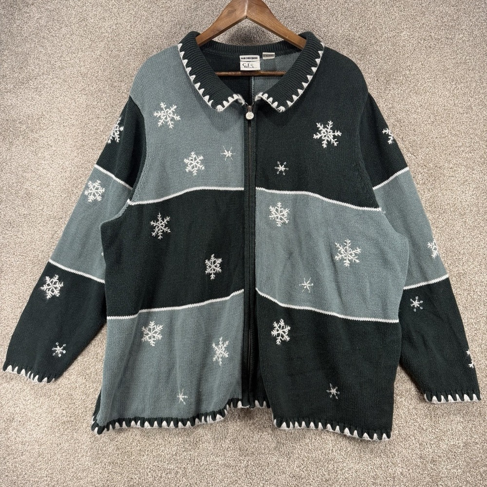 CJ Banks Ramie Cotton Embroidered Cardigan Sweater 3x Green Snowflake Christmas